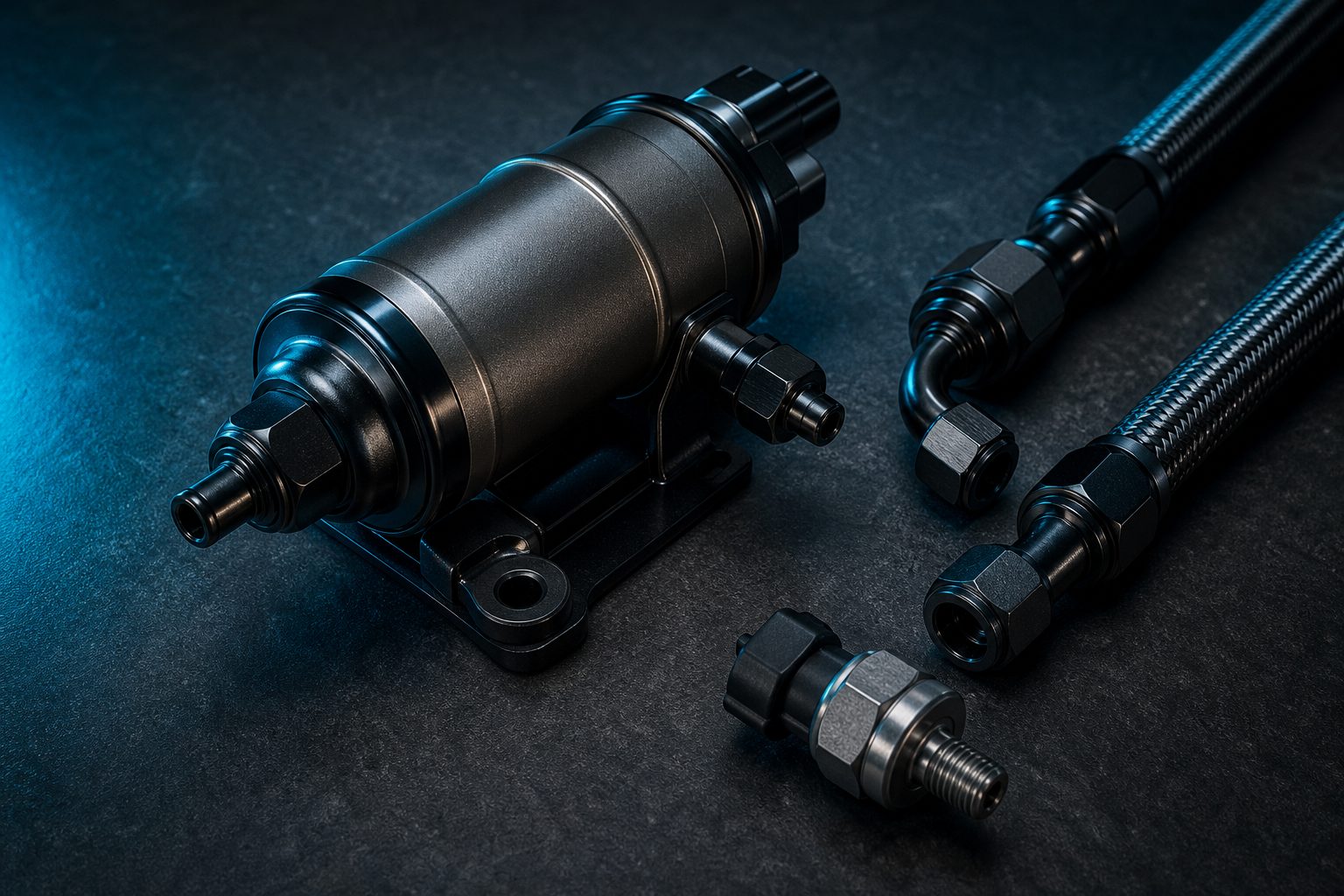 Editorial photograph of an ethanol-capable fuel pump and fuel lines
