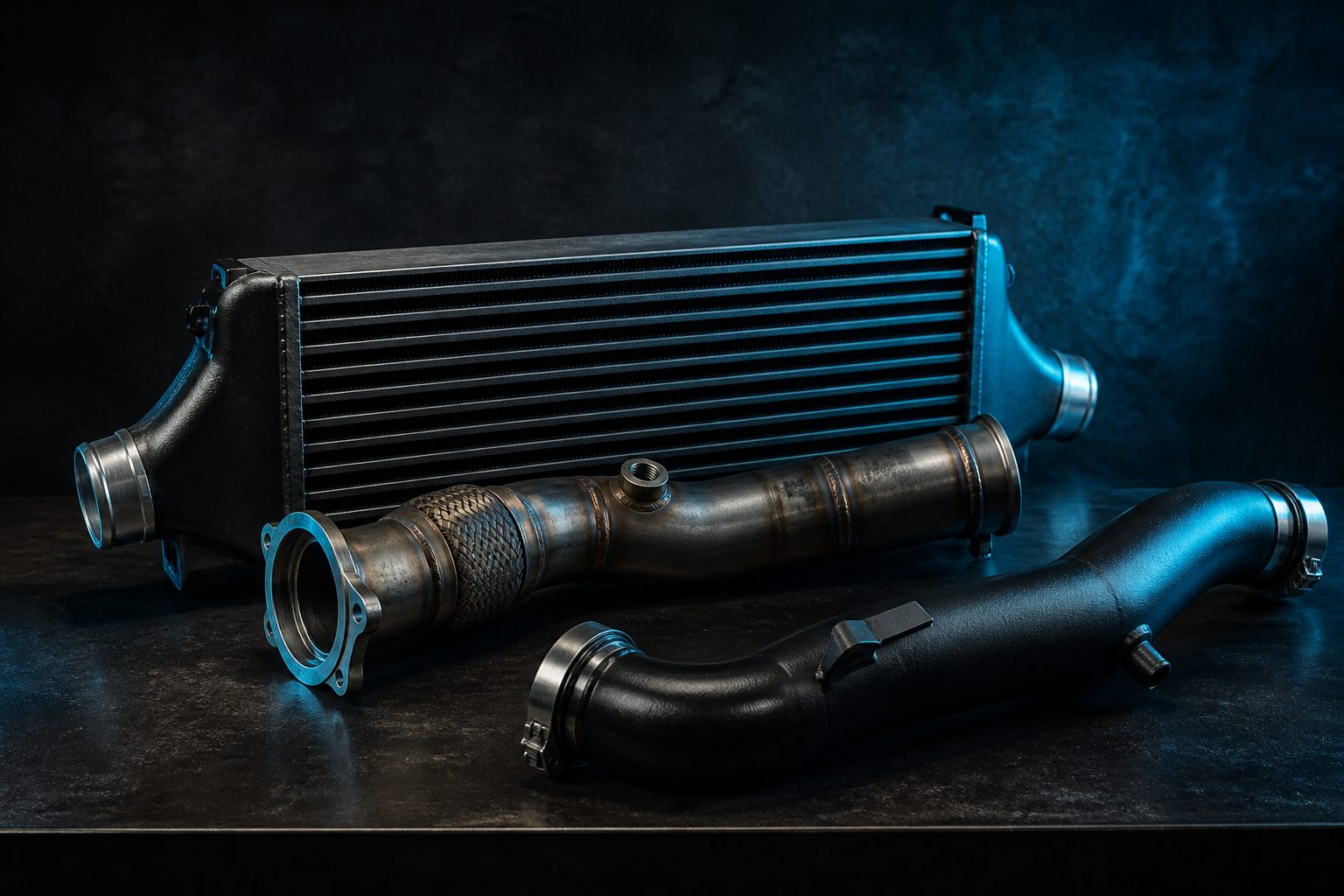 Editorial photograph of turbo supporting hardware including intercooler, piping, and downpipe section