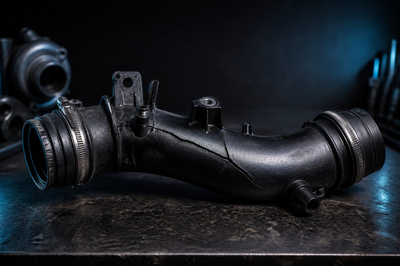 Editorial photograph of a stressed OEM-style plastic turbo charge pipe on a workbench
