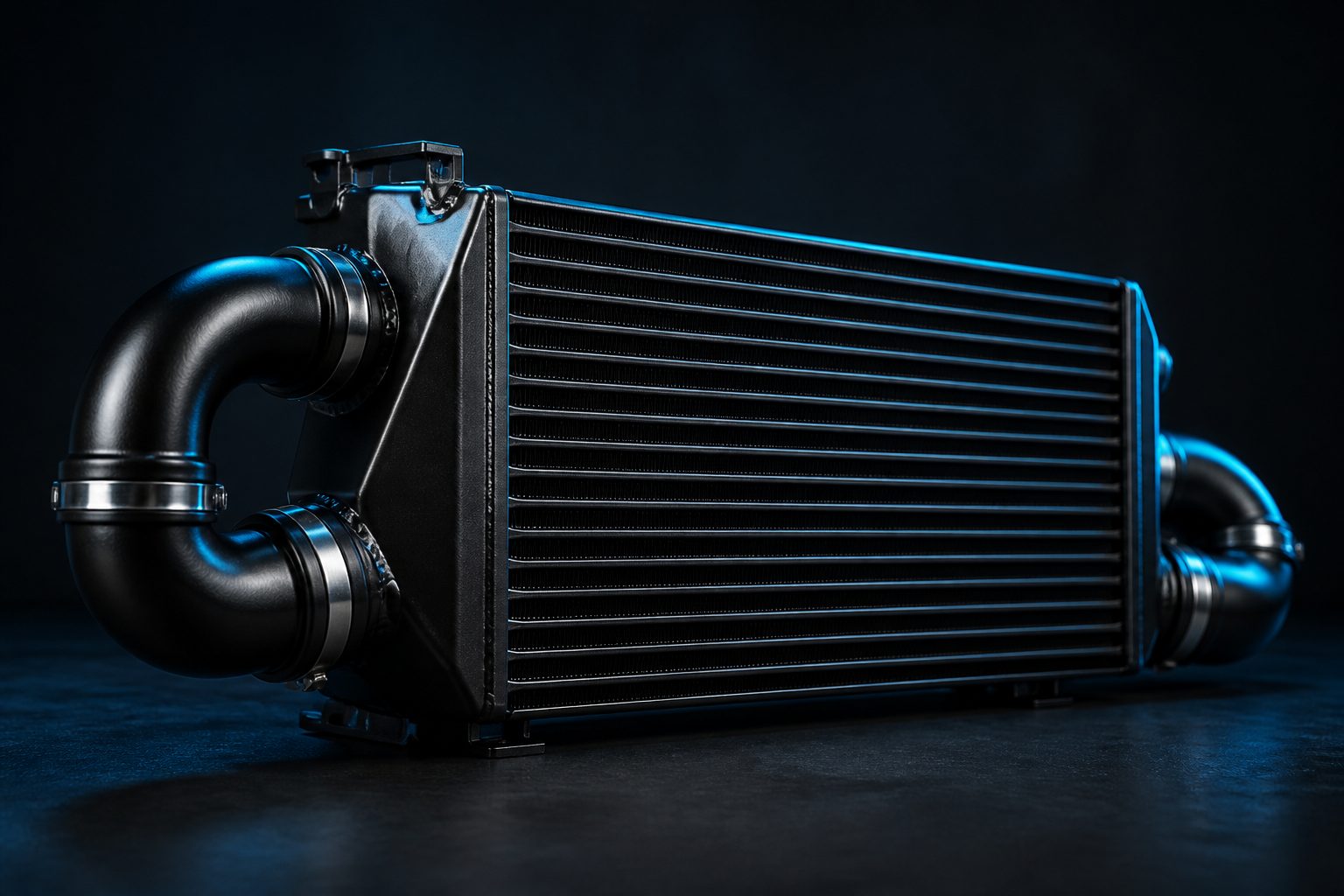 Editorial photograph of an intercooler core used for charge-temperature control
