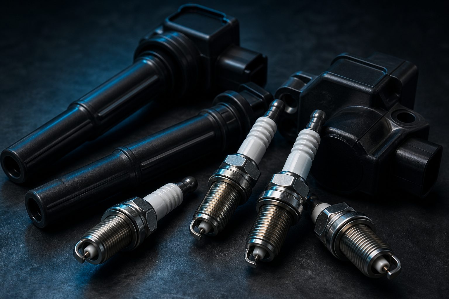 Editorial photograph of spark plugs and ignition coils