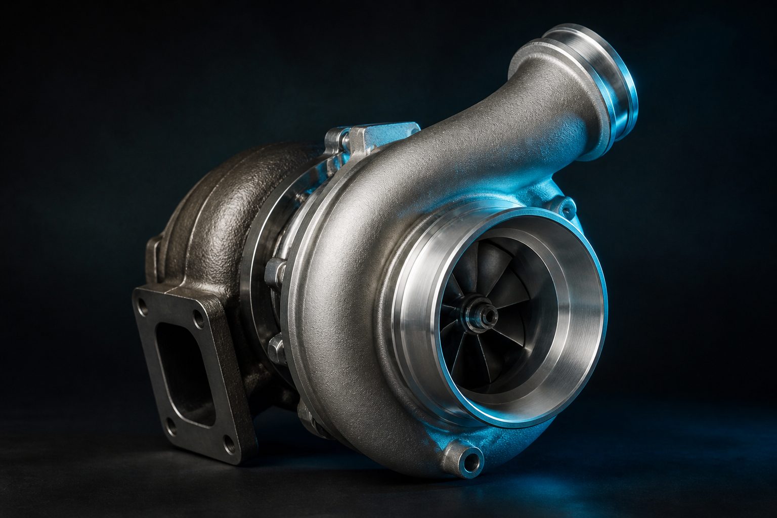 Editorial illustration of a large-frame single turbocharger