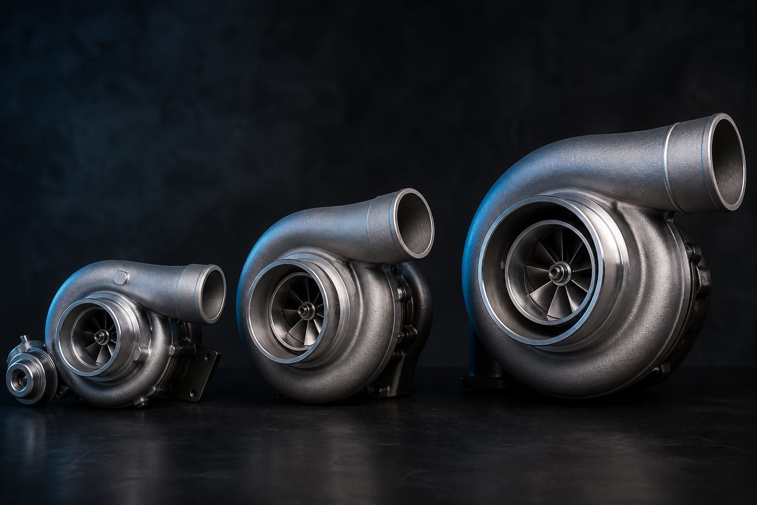 Editorial illustration of three generic turbochargers increasing in size, representing stock, hybrid, and big-single B58 paths