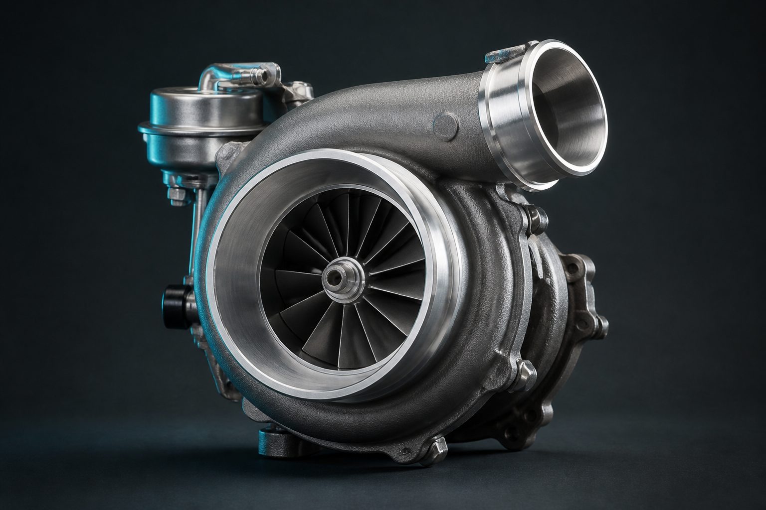 Editorial illustration of a hybrid turbocharger with a larger compressor wheel in a compact housing