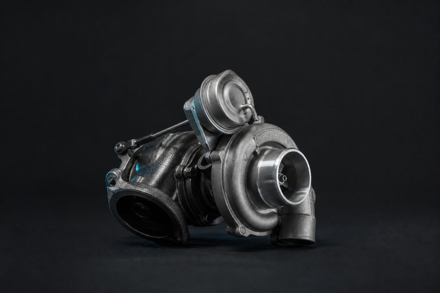 Editorial illustration of a compact factory-style turbocharger