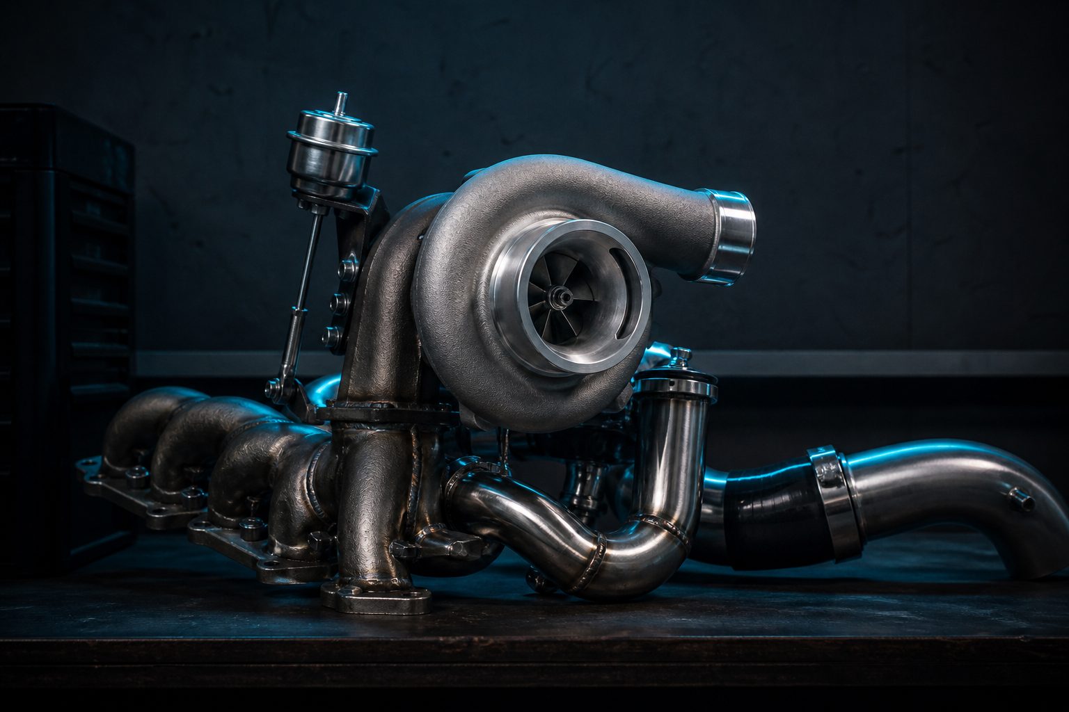 Editorial photograph of a generic single-turbo manifold, turbocharger, and wastegate on a workbench