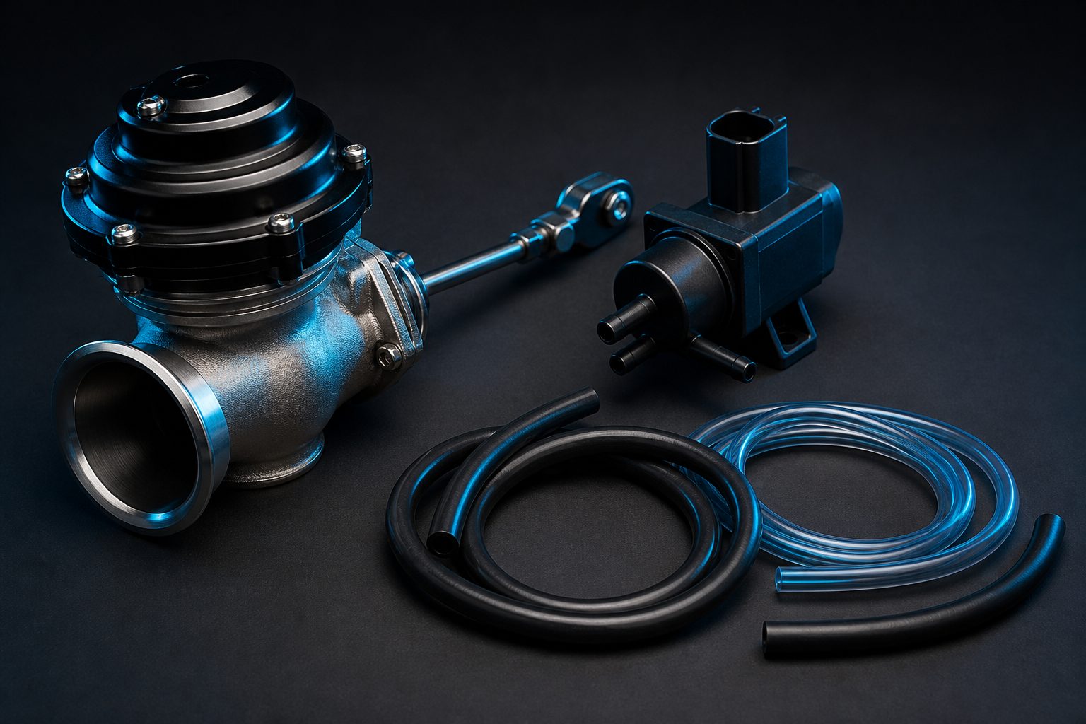 Editorial photograph of a wastegate, boost solenoid, and reference hoses