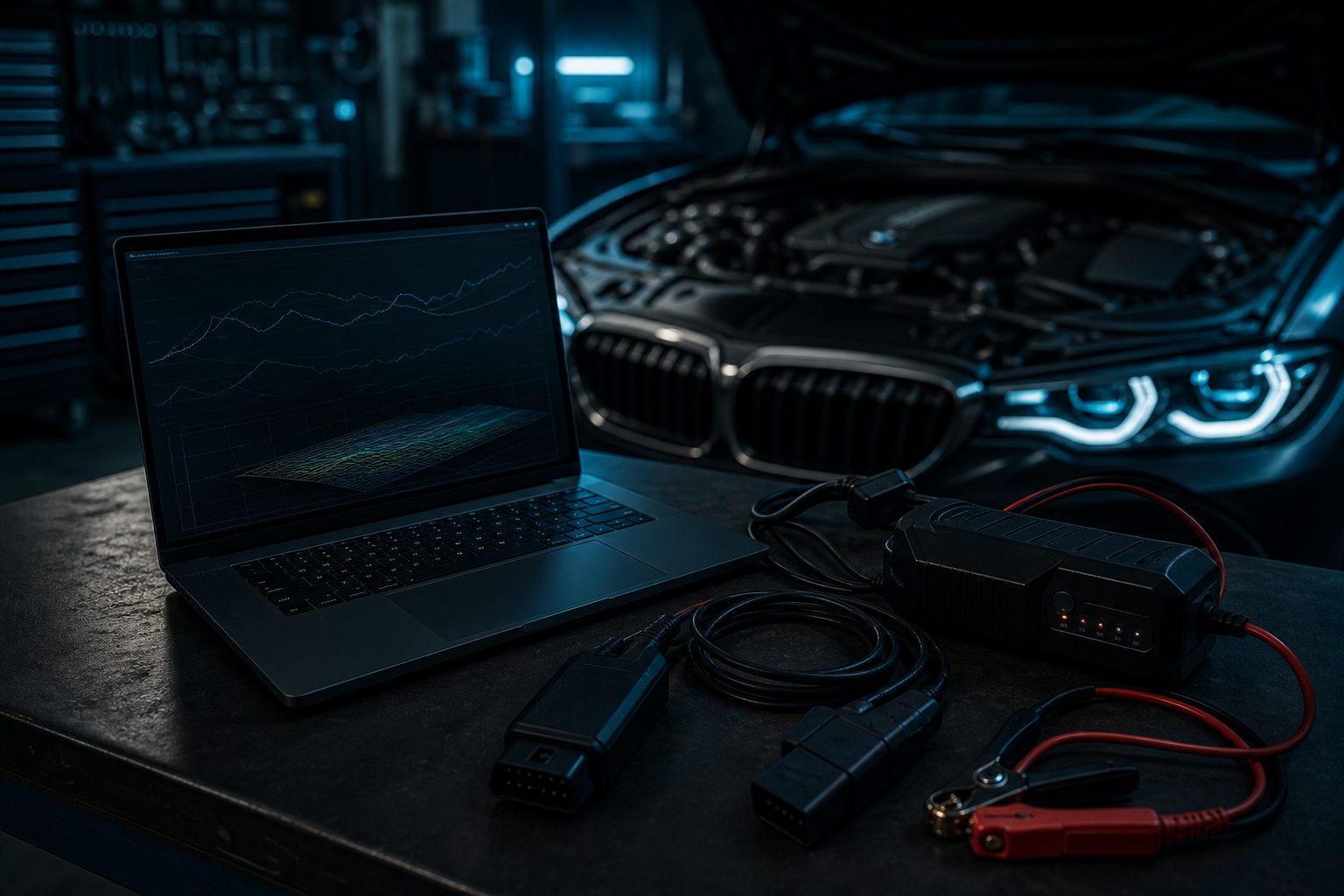 Editorial photograph of a remote tuning workspace with a laptop, diagnostic cable, and battery support